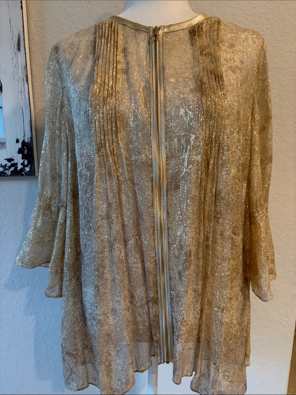 Elie Tahari Gold Metallic Sheer Zip-Front Top
